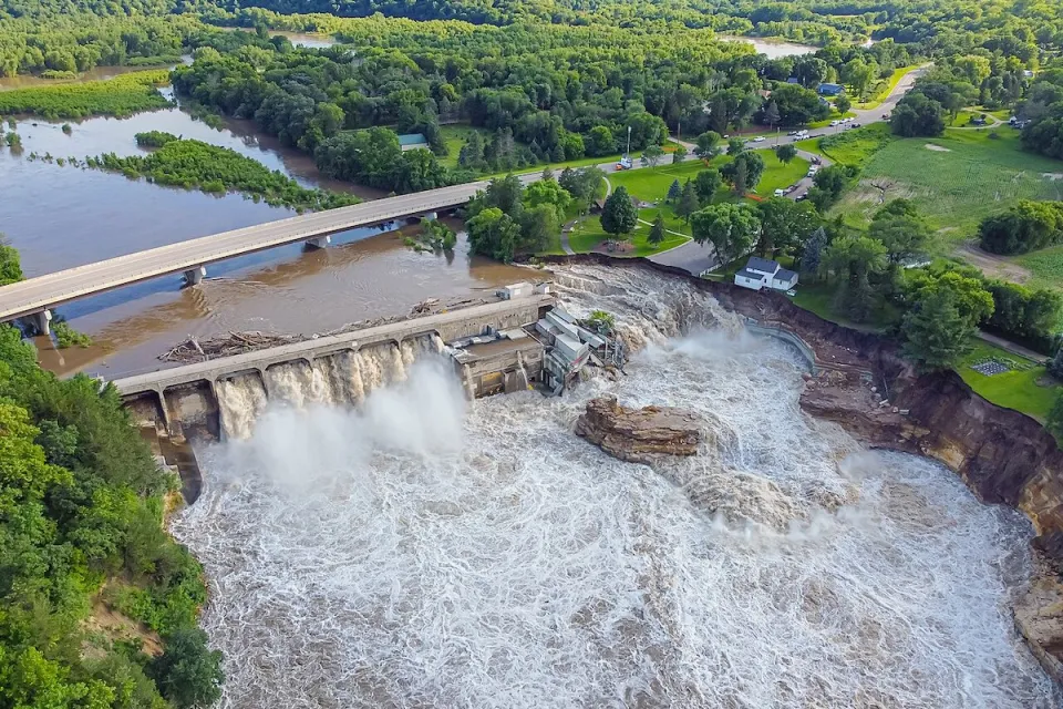 Aerial view of Rapidan Dam failure in June 2024.